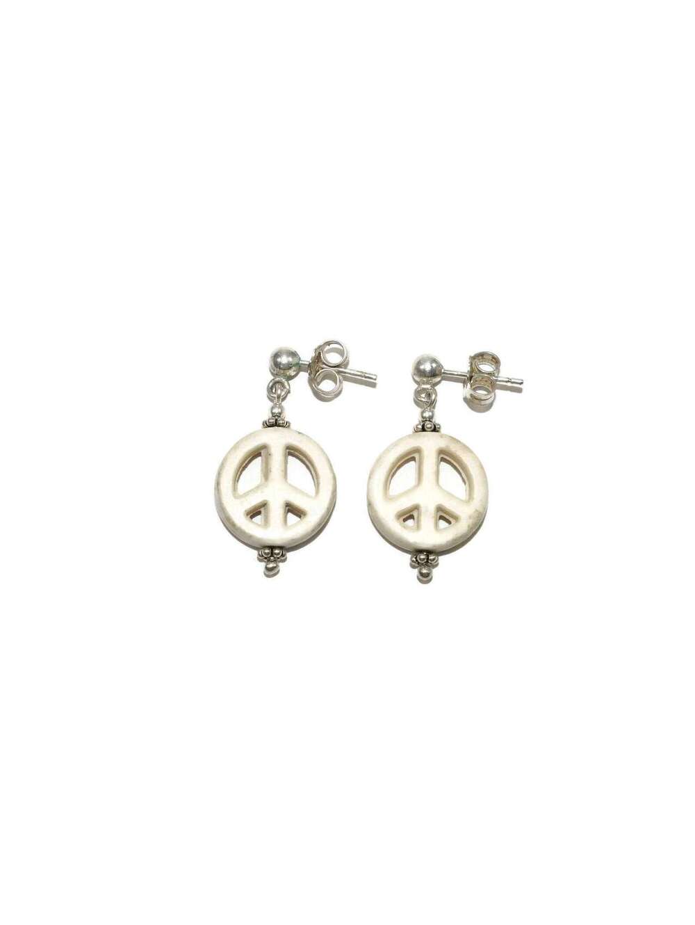 Vintage Silver Tone and White Plastic Peace Sign Dangle Post Back Earrings.